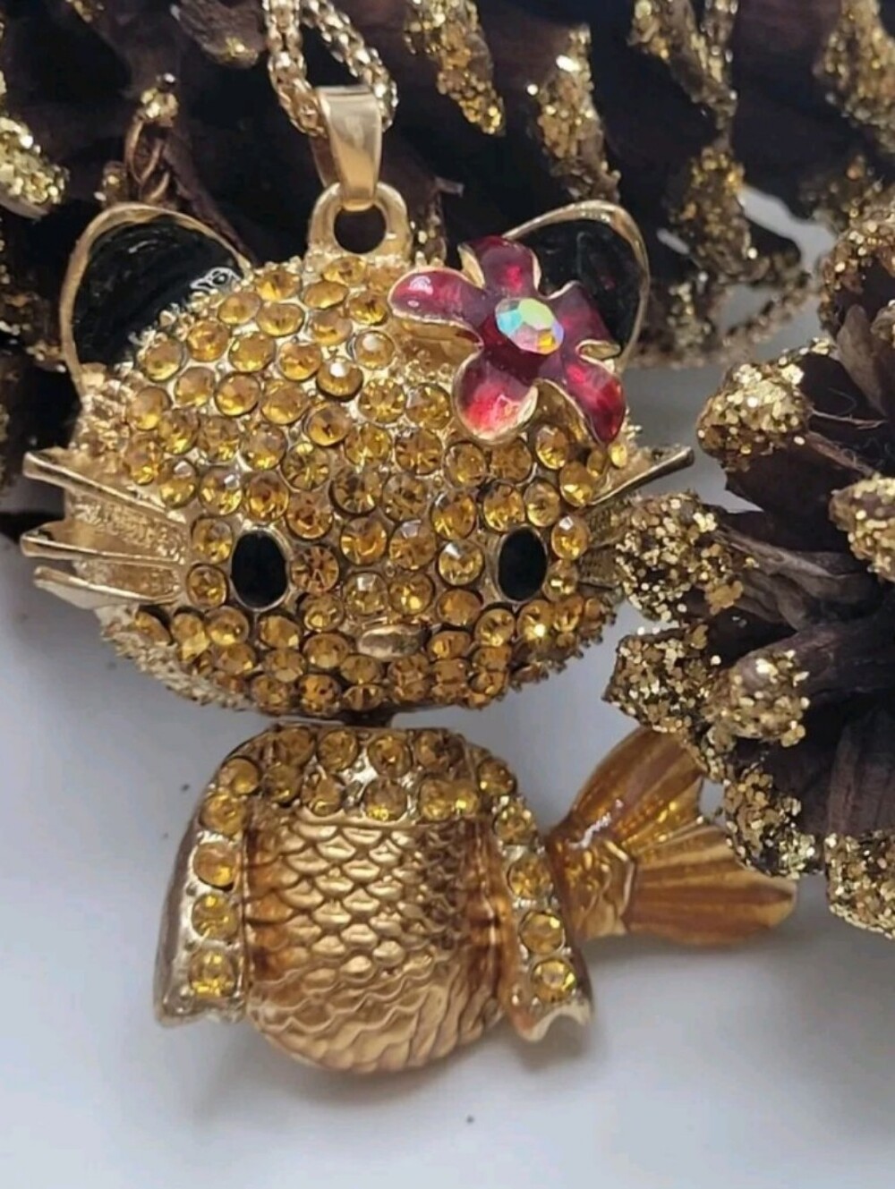 Betsey Johnson Large Gold Crystal Cat Pendant Necklace with Pink Flower Accent